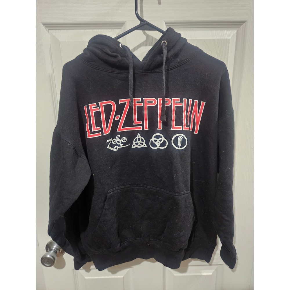 Led Zeppelin Black Graphic Hoodie Zoso Symbols Rock Band Sweatshirt Large‎